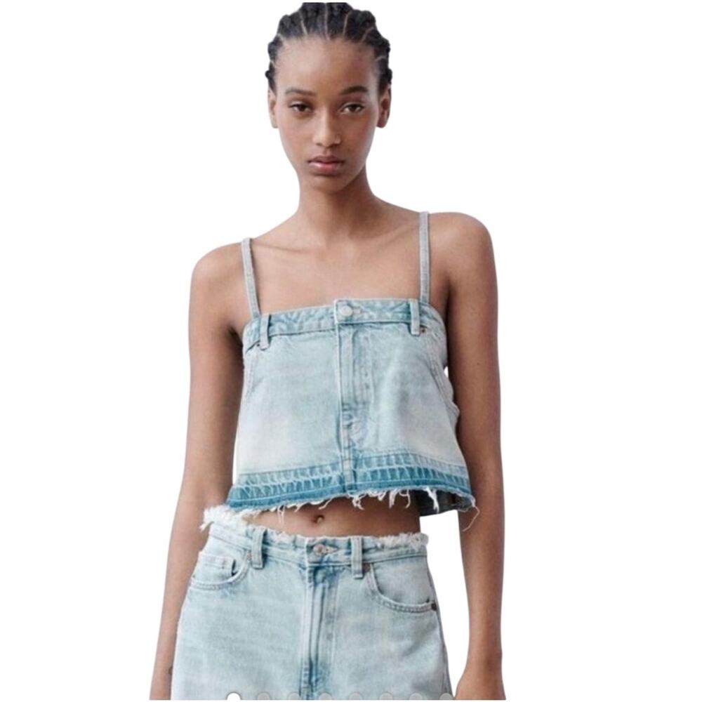 NWT Zara light blue Denim Crop Top Womens Large boxy tank zip button 100cotton